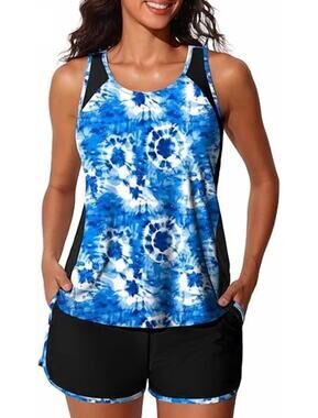 NWT ~ Women's 2pc Blue & White Athletic Tankini Swimsuit & Swim Shorts ~ Plus 16